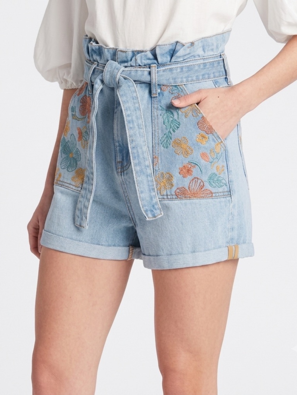 New DRIFTWOOD Paperbag Waist Denim Shorts with Embroidered Floral